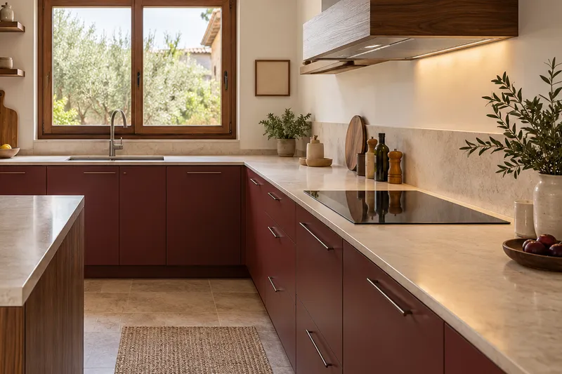 Visualización conceptual IA de cocina: Reformas de Álvaro Molina. Detalle de materiales y distribución.